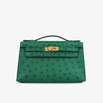 Rich Forest Green Tiny Raised Dot Slim Horizontal Rectangular Hand Pouch With Radiant Golden Twist Lock Hardware And Single Slim Curved Top Grip