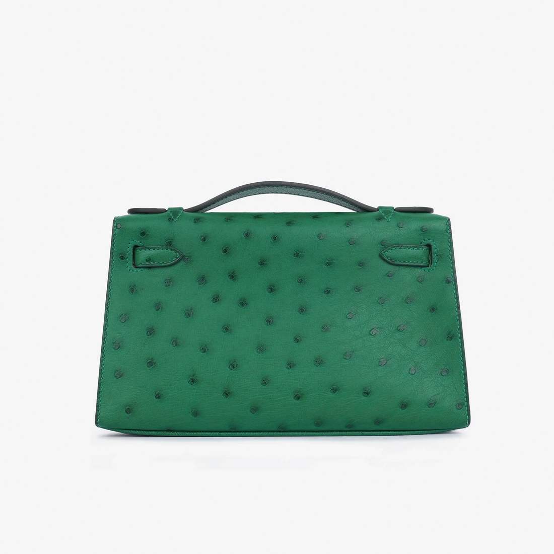 Rich Forest Green Tiny Raised Dot Slim Horizontal Rectangular Hand Pouch With Radiant Golden Twist Lock Hardware And Single Slim Curved Top Grip