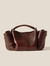 Rich Vintage Chocolate Brown Curved Gathered Side Panel Carry Bag With Intricate Woven Top Grip And Thin Knotted Draw Straps