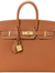 Warm Golden Tan Fine Grain Structured Trapezoid Hand Tote With Glossy Luminous Golden Lock Hardware And Contrast Pale Edge Stitching