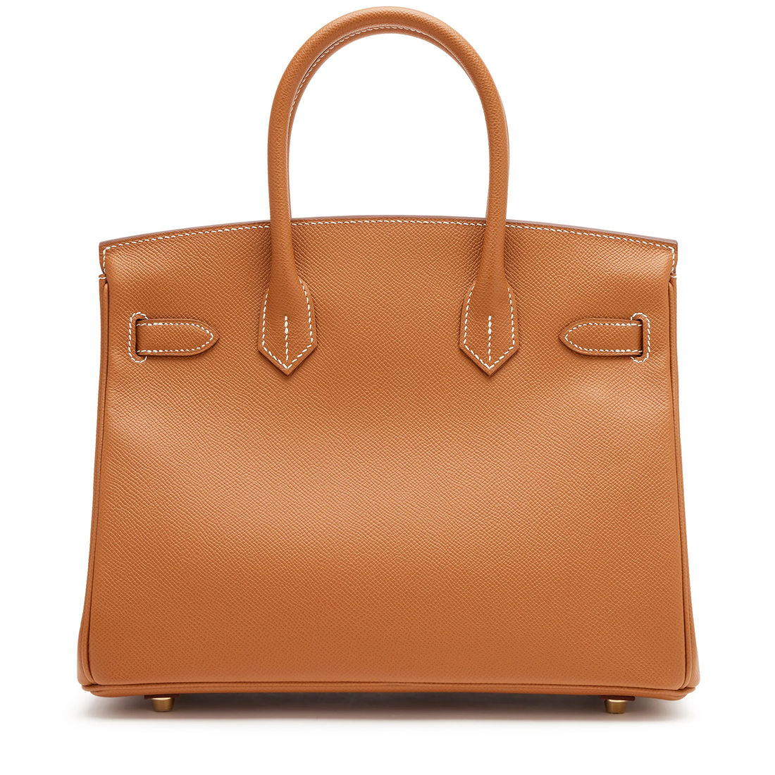 Warm Golden Tan Fine Grain Structured Trapezoid Hand Tote With Glossy Luminous Golden Lock Hardware And Contrast Pale Edge Stitching